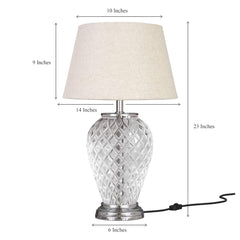 Diamond Cut Glass Table Lamp Silver Finish 23 Inches Height With Off White 14 Inches Diameter Lampshade