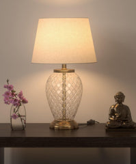 Diamond Cut Glass Table Lamp Brass Antique Finish 19 Inches Height With Off White 12 Inches Diameter Lampshade