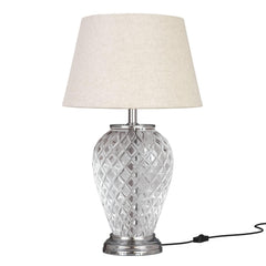 Diamond Cut Glass Table Lamp Silver Finish 19 Inches Height With Off White 12 Inches Diameter Lampshade