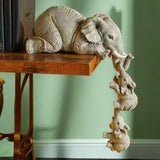 Premium Set of 3 Realistic Elephant Sitter Figurines – Hand-Painted Mother Elephant with Two Baby Elephants Hanging from Shelf/Table – Decorative Showpiece for Living Room