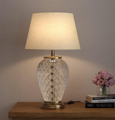 Royal Pure Brass Antique And Diamond Cut Glass Table Lamp 23 Inches Height With Off White 14 Inches Diameter Lampshade