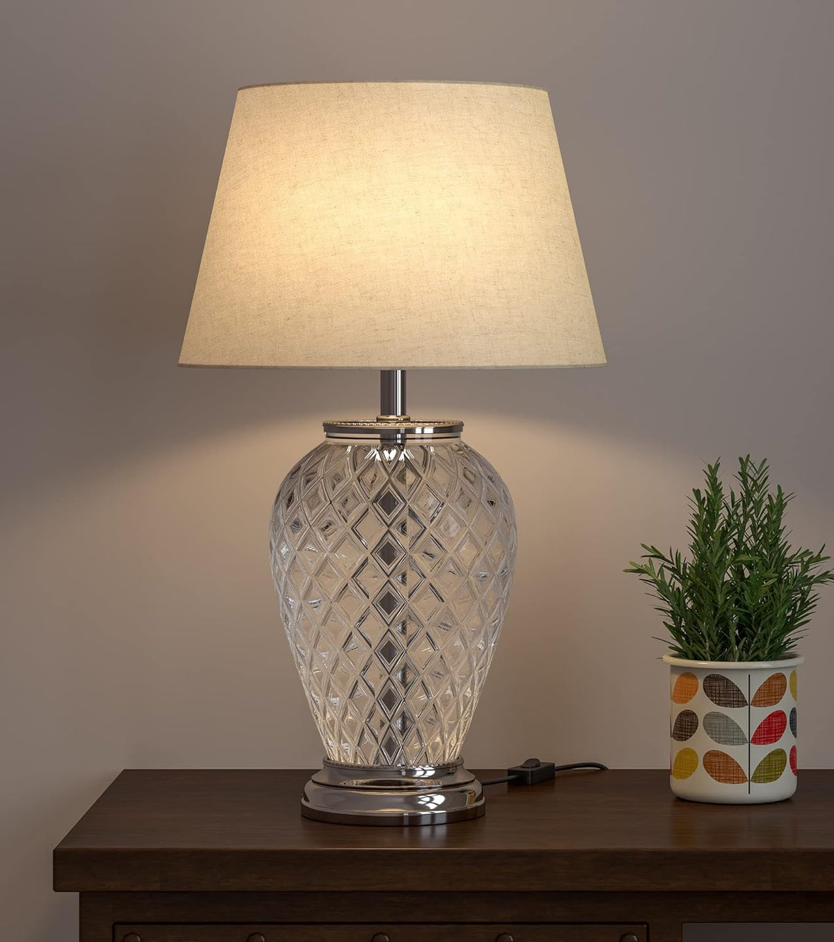 Diamond Cut Glass Table Lamp Silver Finish 23 Inches Height With Off White 14 Inches Diameter Lampshade