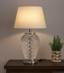 Diamond Cut Glass Table Lamp Silver Finish 19 Inches Height With Off White 12 Inches Diameter Lampshade