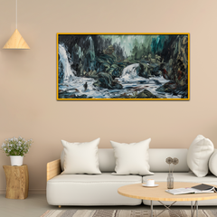 Beautiful Waterfall with Green Background Black White Painting Waterfall Canvas Wall Paintings