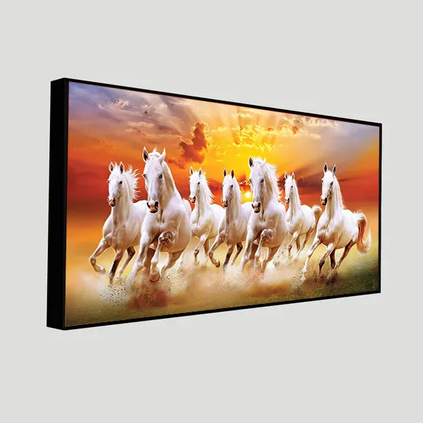 Seven white Running horses in sun rise canvas painting for living room,bedroom, office, hotel et. big size 48x24 inch ready to hang