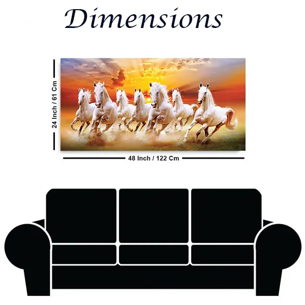 Seven white Running horses in sun rise canvas painting for living room,bedroom, office, hotel et. big size 48x24 inch ready to hang
