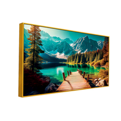 Scenic Mountain Lake Dock Wall Art – Vibrant Landscape with Forest, Water, and Snow-Capped Peaks