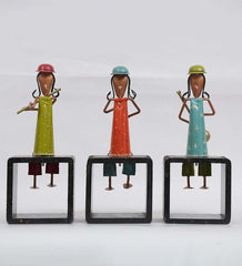 wooden Lady Musician Human Figurine, Set of 3 table decor