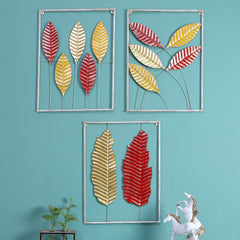 Red , Yellow & Gold Rectangular Leaves Wall Decor Set of 3