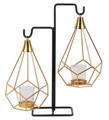 Gold Double Diamond Pendulam Tealight Holder with Glass