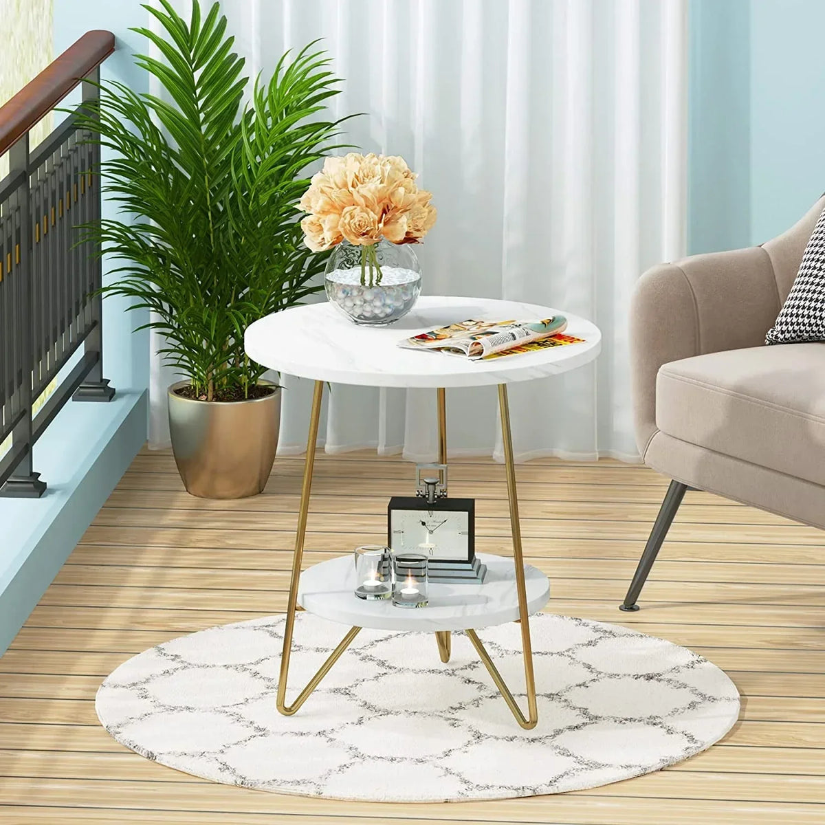 White Marble End Side Table with Lower Shelf