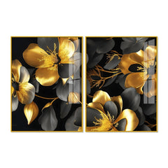 Beautiful Golden Flower Premium Acrylic Floating Wall Painting Set of 2