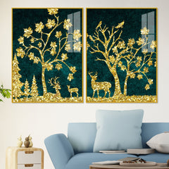 Beautiful Golden Trees with Deer Premium Acrylic Floating Wall Painting Set of 2