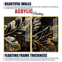 Beautiful Leaf Golden Textural Art Acrylic Floating Wall Painting Set of 2