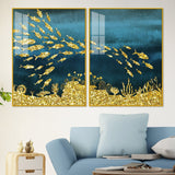 Beautiful Ocean View of Golden Fish Pattern Acrylic Floating Wall Paintings Set of 2