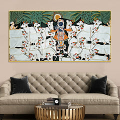 Divine Shrinathji with Cows Traditional Pichwai Painting