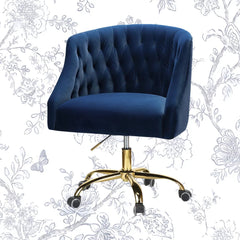 Velvet Clemence Blue Task Chairs/Study Chair/Office Chair for Study Room, Office, Swivel Armchair with Gold Base