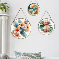 Round Framed Pink Floral Canvas Wall Hanging & Art Set of 3