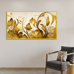 WallCry Elegant Flowers Golden Leaf Floating Frame Canvas Wall Painting