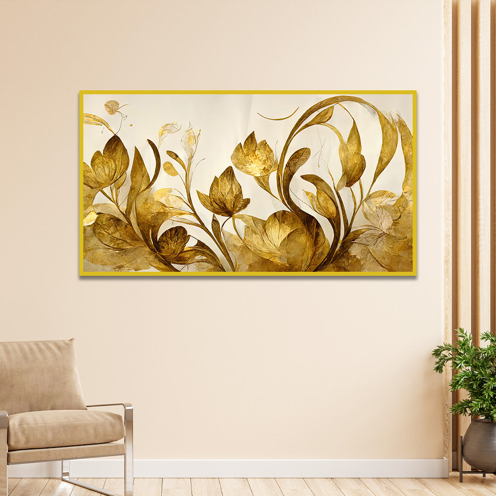 WallCry Elegant Flowers Golden Leaf Floating Frame Canvas Wall Painting