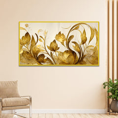 WallCry Elegant Flowers Golden Leaf Floating Frame Canvas Wall Painting