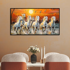 7 Running Horses at Sunrise Vastu Canvas Wall Painting with Floating Frame