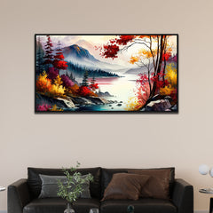 Beautiful Lake with Mountain Multicolor Nature Floating Framed Wall Painting