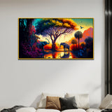 African Elephant in Tropical Jungle Floating Frame Canvas Wall Painting