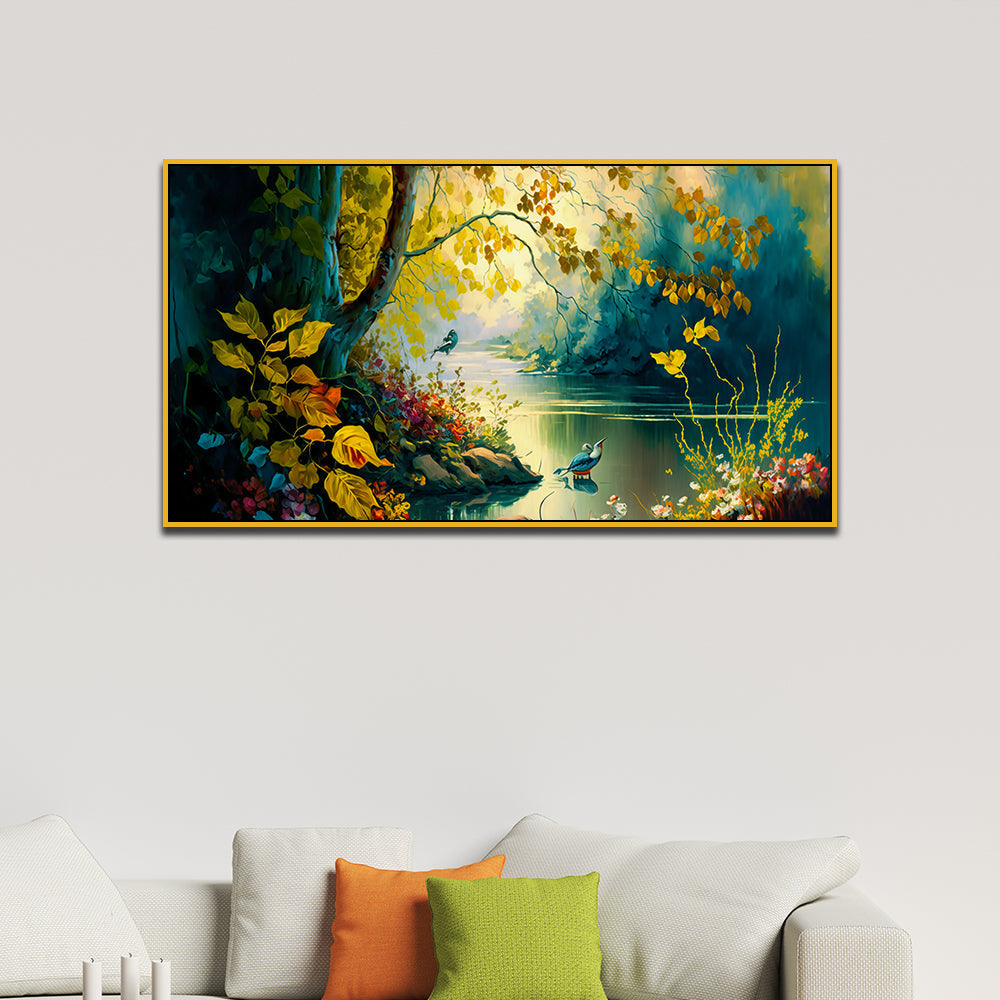 Vintage Landscape Canvas Painting of Forest Lake with Floating Frame