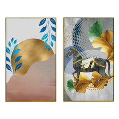 Mystery Golden Horse Modern Art Digital Print Canvas Wall Painting Two Pieces