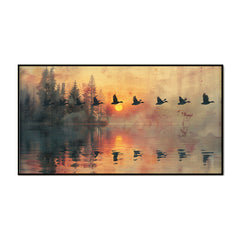 Beautiful Canvas Wall Painting of Birds Flying Over A Lake
