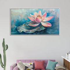 Elegant Floating Framed Abstract Pink Lotus Floral Vastu Canvas Wall Painting