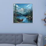 Snow Capped Mountain Nature Painting with Boat, Trees for Home Décor