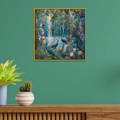 Divine Lord Krishna Playing Flute with Peacocks in Forest Canvas Painting