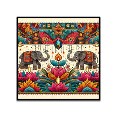 Colorful Indian Traditional Folk Art Elephant & Lotus Canvas Wall Painting