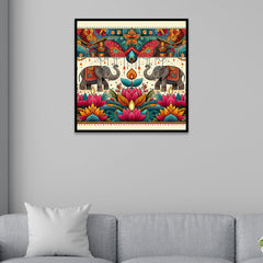 Colorful Indian Traditional Folk Art Elephant & Lotus Canvas Wall Painting
