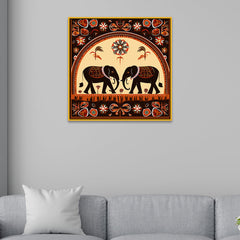 Traditional Twin Elephants Indian Tribal-Inspired Folk Art Canvas Painting