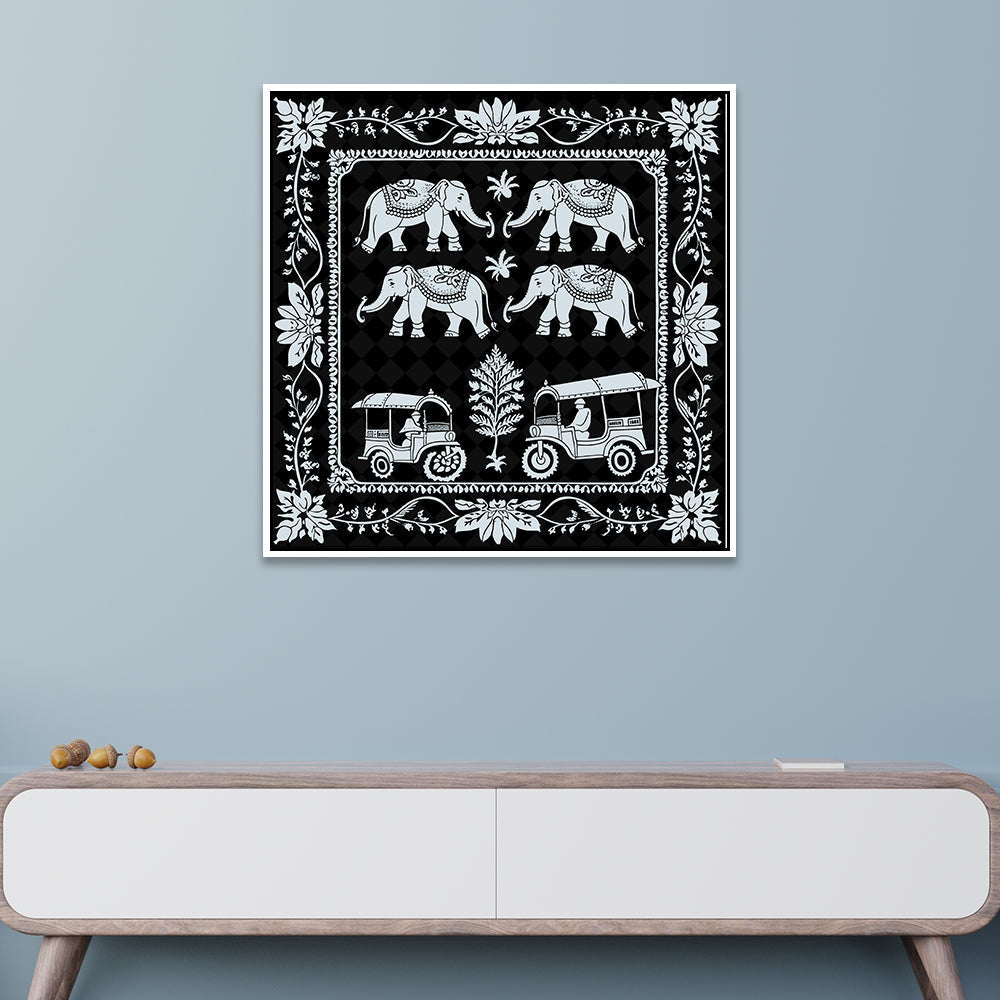 Monochrome Indian Folk Art Canvas Painting with Floating Frame