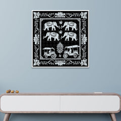 Monochrome Indian Folk Art Canvas Painting with Floating Frame