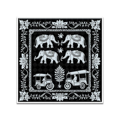 Monochrome Indian Folk Art Canvas Painting with Floating Frame