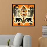 Tribal Elephant Ethnic Village Pot Motif with Nature Elements Canvas Wall Painting