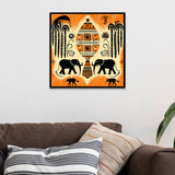 Tribal Elephant Ethnic Village Pot Motif with Nature Elements Canvas Wall Painting