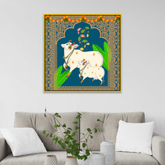 Pichwai Canvas Painting with Traditional Floral and Cow Designs