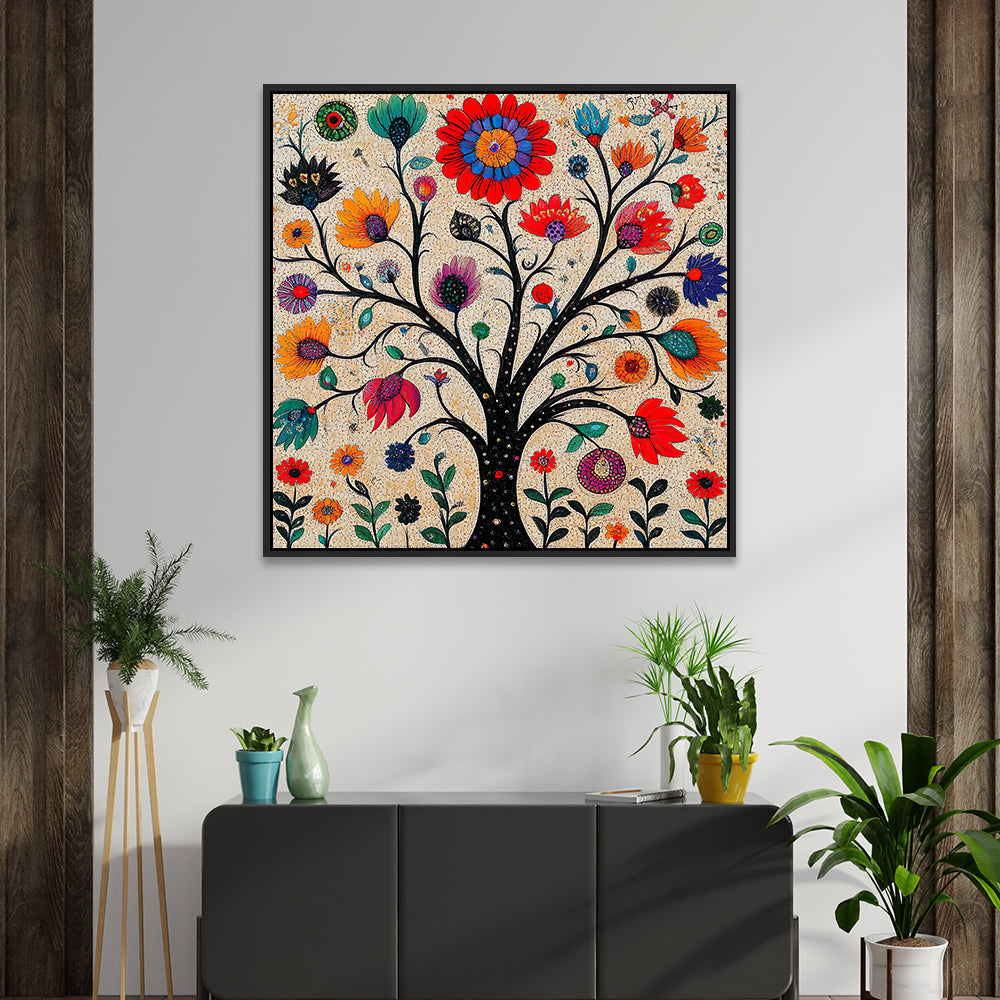 Indian Colorful Madhubani Canvas Painting Art with Detailed Floral Patterns