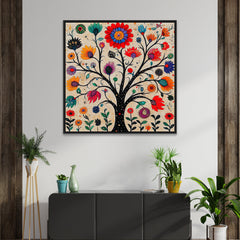 Indian Colorful Madhubani Canvas Painting Art with Detailed Floral Patterns