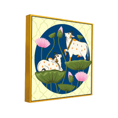 Exquisite Pichwai Square Canvas Painting with Cow and Lotus Design FF052