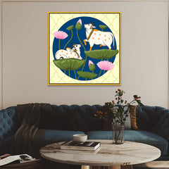 Exquisite Pichwai Square Canvas Painting with Cow and Lotus Design FF052
