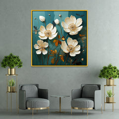 Teal And White Gold Floral 3d Digital Printed Canvas Wall Painting