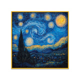 Abstract Wall Painting of Swirling Night Sky Filled with Stars and Bright Moon Over a Village