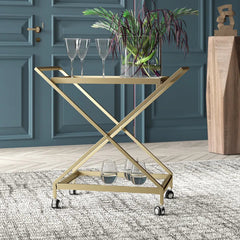 Elegant Golden Finish Drink Cart With Crossed Metal Frame